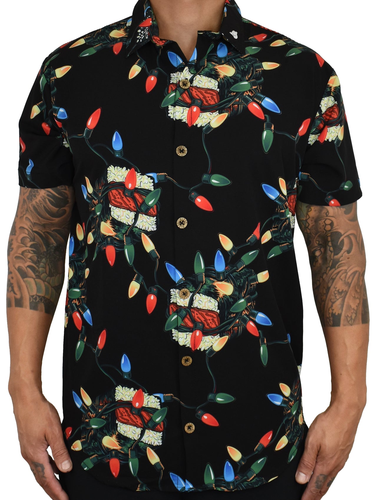 'Holiday Musubi' ULTRA Black Aloha (Hawaiian) Shirt